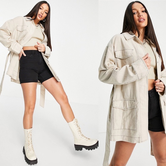 ASOS DESIGN Tall slouchy four pocket linen jacket in natural 14-16 - Picture 1 of 12